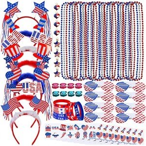 Bulk Patriotic Red White Blue Novelty Jewelry Assortment Patriotic Party Favors Supplies Head Bopper Necklaces Bracelet Glasses Tattoo Stickers for 4th of July Independence Day Memorial Day Parades