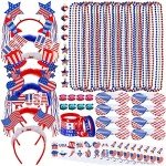 Bulk Patriotic Red White Blue Novelty Jewelry Assortment Patriotic Party Favors Supplies Head Bopper Necklaces Bracelet Glasses Tattoo Stickers for 4th of July Independence Day Memorial Day Parades