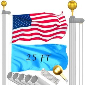 Flag Pole Kit 25FT, 12 Gauge 1.8mm Thickness Heavy Duty Flag Poles with 3x5 American Flag, Silver Flag pole for Outdoor House In Ground, Extra Thick Flagpoles Suitable for Yard and Garden