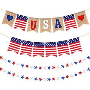 4 Pieces Patriotic 4th of July String Pennant Banner Includes 2 USA American Flag Burlap Banner and 2 Red White Blue Star Garland for Independence Memorial Labor Day Holiday Decorations