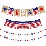 4 Pieces Patriotic 4th of July String Pennant Banner Includes 2 USA American Flag Burlap Banner and 2 Red White Blue Star Garland for Independence Memorial Labor Day Holiday Decorations