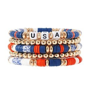 GOOJIDS Surfer Heishi Clay Bead Bracelets for Women Bohemian Stackable Gold Beaded Stretch Bracelets Elastic Layering Friendship Bracelets Set Boho Jewelry (D-Flag)