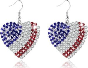 4th of July Independence Day Patriotic Earring for Women American Flag Dangle Earrings Patriotic Red White Blue USA Earring, Pave Crystal Stud (Heart)