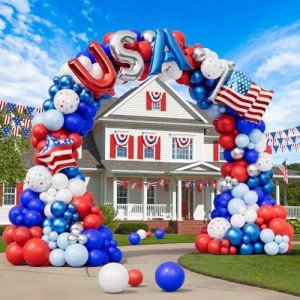DBKL 156Pcs Red White and Blue Balloon Garland Arch Kit with USA Flag Foil Balloon, 4th of July Balloon Arch Kit, Patriotic Balloons for Independence Day Graduation Nautical Baseball Party Decorations