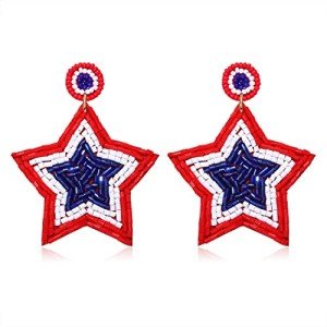 Patriotic Earrings 4 th of July Beaded Earrings Handmade Red White Blue American Flag USA Star Dangle Earrings Independence Day Holiday Gift for Women