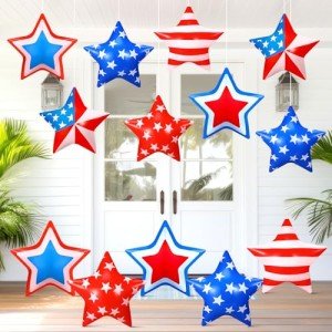 18 Pcs Memorial Day 4th of July Inflatable Stars Patriotic Memorial Day Outdoor Decorations Inflatable Star American Flag PVC Balloons Blow up Hanging Star Home Garden Decor for Independence Day