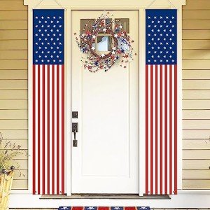 Jesiramoo Memorial Day 4th of July Decorations, 71x13 Inch Hanging American Flag Door Banner, July Fourth Front Porch Decor for Home School Office Yard Patio Garage, Patriotic Decor Outdoor Indoor