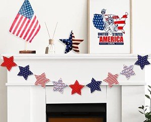 Whaline Patriotic Star Banner 3D Red Blue Star Garland Pre-Assembled 4th of July Fabric Banner Holiday Hanging Decorations for Independence Day Memorial Day Party Supplies Home Decor