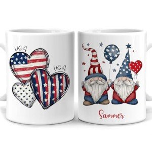 Hyturtle Personalized Gnome Mug Gifts For Gnome Lovers - 4th of July Mug - Patriotic Gnomies Cup - American Flag Cup - Red White Blue USA Custom Name 11oz White Ceramic Coffee Tea Mug