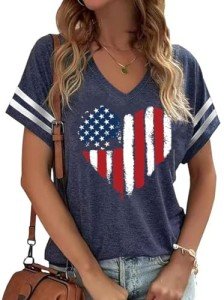 American Flag Shirts Women 4th of July V-Neck Short Sleeve Patriotic T-Shirt Memorial Day Graphic Tee Independence Day Tops(Navy-1,M)