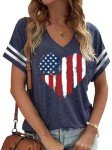 American Flag Shirts Women 4th of July V-Neck Short Sleeve Patriotic T-Shirt Memorial Day Graphic Tee Independence Day Tops(Navy-1,M)