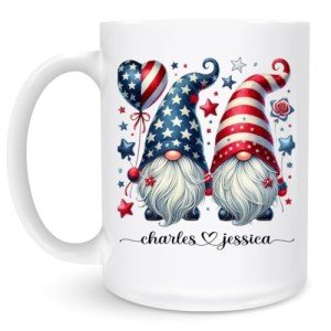 Custom Patriotic Gnome Ceramic Mug 11oz 15oz - Personalized Coffee Cup with Name - Red White Blue Gnomes, USA Flag Stars, Heart Balloon - 4th of July, Memorial Day, Independence Celebration
