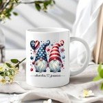 Custom Patriotic Gnome Ceramic Mug 11oz 15oz - Personalized Coffee Cup with Name - Red White Blue Gnomes, USA Flag Stars, Heart Balloon - 4th of July, Memorial Day, Independence Celebration