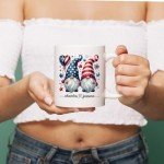 Custom Patriotic Gnome Ceramic Mug 11oz 15oz - Personalized Coffee Cup with Name - Red White Blue Gnomes, USA Flag Stars, Heart Balloon - 4th of July, Memorial Day, Independence Celebration
