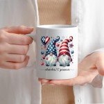 Custom Patriotic Gnome Ceramic Mug 11oz 15oz - Personalized Coffee Cup with Name - Red White Blue Gnomes, USA Flag Stars, Heart Balloon - 4th of July, Memorial Day, Independence Celebration