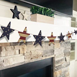 Maxsoins 4th of July Decorations- Retro Wooden Star Banner for 4th of July Decor,Red and White Blue Adorable Patriotic Wood Garland for Fireplace Mantel Walls