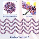 4 Strings Total 26.3 ft American Flag Tinsel Garlands - Each 6.6ft Red White Blue Fringe Garland with USA Flag Hanging Glitter Streamers for 4th of July, Independence Day, Patriotic Party Decorations