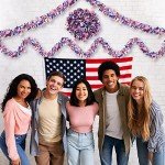 4 Strings Total 26.3 ft American Flag Tinsel Garlands - Each 6.6ft Red White Blue Fringe Garland with USA Flag Hanging Glitter Streamers for 4th of July, Independence Day, Patriotic Party Decorations