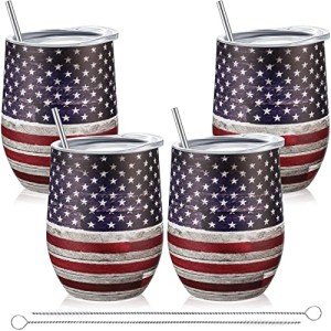 4 Pieces 4th of July USA Patriotic Wine Tumbler with Lid Straw Brush American Flag Stars Stripes Travel Mug 12 oz Vacuum Insulated Stainless Steel Coffee Mug for Memorial Independence Day Veteran