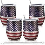 4 Pieces 4th of July USA Patriotic Wine Tumbler with Lid Straw Brush American Flag Stars Stripes Travel Mug 12 oz Vacuum Insulated Stainless Steel Coffee Mug for Memorial Independence Day Veteran
