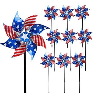 Hausse 10 Pack Reflective Pinwheels Patriotic Decorations, American Flag on Stick Wind Spinner with Stake for Independence Day, Memorial Day July of 4th Party Supplies, Scare Birds Repellent Devices
