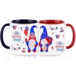 Funnymoom 2 Pack Ceramic Gnome Coffee Mugs with Handles 12 oz Gnome Cups Gifts for Gnome Lovers for for Latte, Hot Tea, Cappuccino, Mocha, Cocoa (Red,Blue,Independence Day)