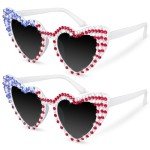 JUSTOTRY 2Pcs 4th of July Sunglasses, Red White and Blue Heart Shaped Glasses with Rhinestone Patriotic Decorations Forth of July Party Accessories for Men Women Children