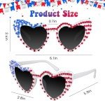 JUSTOTRY 2Pcs 4th of July Sunglasses, Red White and Blue Heart Shaped Glasses with Rhinestone Patriotic Decorations Forth of July Party Accessories for Men Women Children