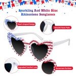 JUSTOTRY 2Pcs 4th of July Sunglasses, Red White and Blue Heart Shaped Glasses with Rhinestone Patriotic Decorations Forth of July Party Accessories for Men Women Children