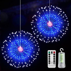 4th of July Decorations Firework Lights - 2 Pack 360 LED Patriotic Lights Battery Operated with 8 Modes Timer Remote, Waterproof Starburst Light for Independence Day Memorial Day, Red White Blue