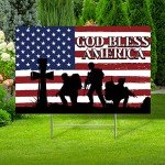 Pinkunn Patriotic Yard Sign Large with Stakes American USA Flag God Bless American Decorations Outdoors 25 x 16 in 4th of July Yard Decor Red White and Blue Metal Lawn Sign Independence Day Garden