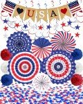 33PCS 4th/Fourth of July Memorial Day Decorations, Patriotic Decorations Outdoor Indoor Office USA Banner Red White Blue Star Streamer Hanging Swirls Veterans Day Decor for Independence Day