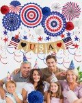 33PCS 4th/Fourth of July Memorial Day Decorations, Patriotic Decorations Outdoor Indoor Office USA Banner Red White Blue Star Streamer Hanging Swirls Veterans Day Decor for Independence Day