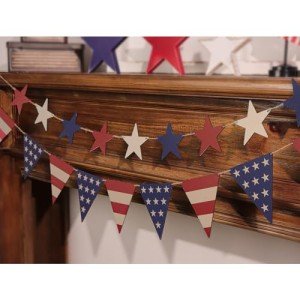 4th of July Garland Decorations, 2Pcs Stars Red and Blue Triangle Rustic Fourth of July Patriotic Garland, Vintage Farmhouse Independence Day Banner for Veterans Memorial Day Mantel Wall Home Indoor