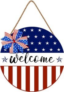 American 4th of July Door Sign Independence Day Wreath Patriotic Stars Door Hanger Memorial Day Welcome Front for Door Decor 12 Inch Outdoor