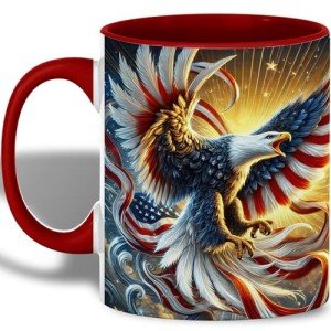 American Eagle Coffee Mug, 11oz Ceramic Patriotic Cup with Bald Eagle and USA Flag Design, Independence Day Gift for Men, Women, Veterans, Family, July 4th Drinkware, Dishwasher and Microwave Safe
