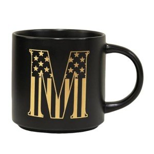 COLLECTIVE HOME - Monogram Ceramic Mug, 15oz Patriotic Letter Tea Cup, Elegant Independence Day Design, Personalized Mug for 4th of July, Ideal Gift for Him, Brother, or Father, Black (M)