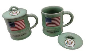 Longquan Celadon Patriotic Mugs Set of 2-11oz Handcrafted Ceramic Coffee Cups with Eagle & American Flag Design, God Bless America, Dishwasher Safe - Luxury Gift Box for 4th of July, Veterans Day