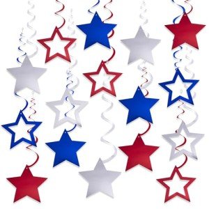 36Pcs Red White Blue Star Hanging Swirl Decorations Stars Streamers Foil Swirls for Ceiling Decorations Veterans Day Party Supplies 4th of July Independence Day Patriotic Decorations