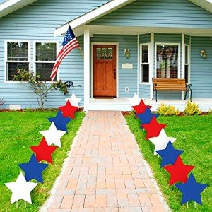 Nuanchu 15 Pieces Independence Day Signs Patriotic Stars Red Blue and White Yard Signs Outdoor Lawn Pathway Decorative Waterproof Corrugated Plastic Decor with Stakes for 4th of July Memorial Day