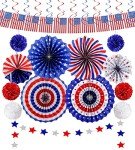26Pcs 4th of July Decorations Patriotic Decor USA Flag String Red White Blue Paper Fans Star Streamer Pom Poms Hanging Swirls for Memorial Day,Fourth of July,Armed Forces Day,Flag Day