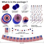 26Pcs 4th of July Decorations Patriotic Decor USA Flag String Red White Blue Paper Fans Star Streamer Pom Poms Hanging Swirls for Memorial Day,Fourth of July,Armed Forces Day,Flag Day