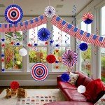 26Pcs 4th of July Decorations Patriotic Decor USA Flag String Red White Blue Paper Fans Star Streamer Pom Poms Hanging Swirls for Memorial Day,Fourth of July,Armed Forces Day,Flag Day