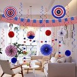 26Pcs 4th of July Decorations Patriotic Decor USA Flag String Red White Blue Paper Fans Star Streamer Pom Poms Hanging Swirls for Memorial Day,Fourth of July,Armed Forces Day,Flag Day
