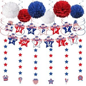 Fenyluxe 31Pcs 4th of July Party Decorations, Red White and Blue Decor Set with Banner, Hanging Swirls, Pom Poms & Star Streamers,Patriotic Decorations for Independence Day Outdoor Home Office Mantel