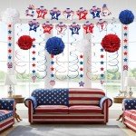 Fenyluxe 31Pcs 4th of July Party Decorations, Red White and Blue Decor Set with Banner, Hanging Swirls, Pom Poms & Star Streamers,Patriotic Decorations for Independence Day Outdoor Home Office Mantel