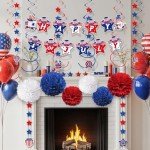 Fenyluxe 31Pcs 4th of July Party Decorations, Red White and Blue Decor Set with Banner, Hanging Swirls, Pom Poms & Star Streamers,Patriotic Decorations for Independence Day Outdoor Home Office Mantel