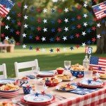 UOUYOO Patriotic Star Streamers Banner Garland 6 Strands 4th of July Decorations Party Paper Hanging red White and Blue for Fourth of July Decor Independence Day