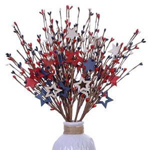 DIYFLORU 4th of July Patriotic Stems Picks 17" with Wood Star Red White Blue Pip Berry Independence Memorial Day Branches for Home Centerpiece Patriotic Table Decorations (6 Piece)