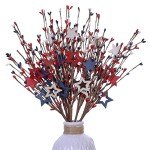 DIYFLORU 4th of July Patriotic Stems Picks 17" with Wood Star Red White Blue Pip Berry Independence Memorial Day Branches for Home Centerpiece Patriotic Table Decorations (6 Piece)